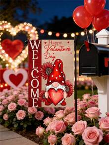 1 pieza Bandera de jardín del Día de San Valentín, bandera de bienvenida de poliéster de doble cara, diseño de gnomo con corazón, decoración exterior de arpillera impermeable, 12x18 pulgadas, con uso multipropósito para el hogar, el porche, el patio - Multicolor - Ver 5