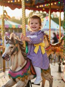 Toddler Girl Mardi Gras Dress Mask Star Embroidery Plaid Print Long Sleeve Ruffle Dress Kids Carnival Holiday Outfit - 紫色 - 查看 9