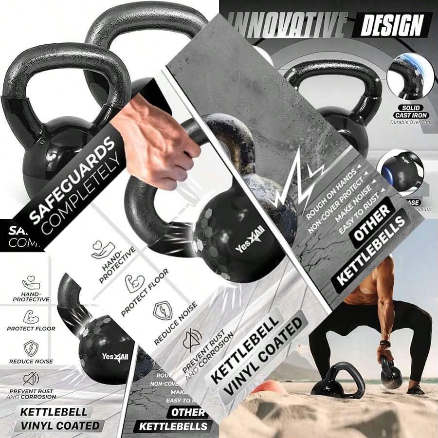 Vinyl-Coated Cast Iron Russian Kettlebell Set for Weight Training, Gym, Fitness - Complete Body Workout Equipment for Push-ups and Grips - Negro - - Ver 1