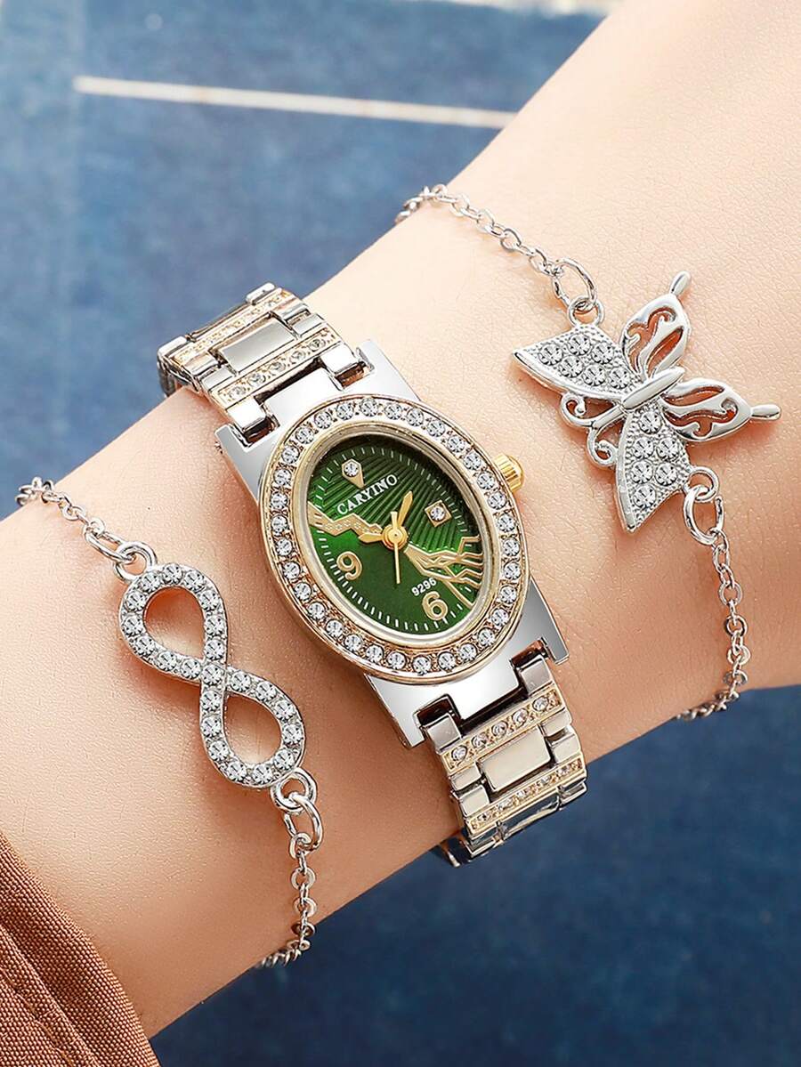 Set de 3 piezas: Reloj de mujer con incrustaciones de óvalo de diamante de imitación y pulsera: Combinación de reloj de cuarzo lujoso y exquisito. Regalo ideal para el Día de San Valentín, Navidad y otras festividades (Caja de regalo no incluida) - Plateado - Ver 1