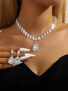 Women's Teardrop Rhinestone Necklace & Earrings Set - Glam Party Wedding Jewelry