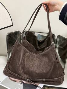 Large Size Shoulder Tote Bags For Women PU Suede Solid Color Big Capacity Shopping Hobo Bag Handbags Luxury Tote Handbag Cross Body Tote Bag For Work, Shopping, Dating, Travel, College Students, Women's Bag, Daily Use - 咖色 - 查看 11