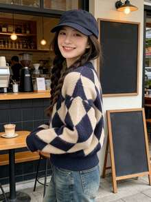 女士经典菱格纹针织套头衫，长袖罗纹针织上衣，中等弹力面料，常规长度，秋季保暖时尚 - 藏蓝色 - 查看 2