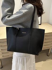 2pcs Women Solid Color Quilted Lining Shoulder Tote Bag, Fashion Large Capacity Handbag With Magnetic Closure, Casual Street Style For Daily Commute - Black - View 2