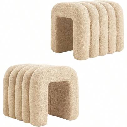 Arch-Layered Stools Set Of 2 Cozy Teddy Fleece Upholstery Wave-Like Design Versatile Footrest And Accent 45cm Beige