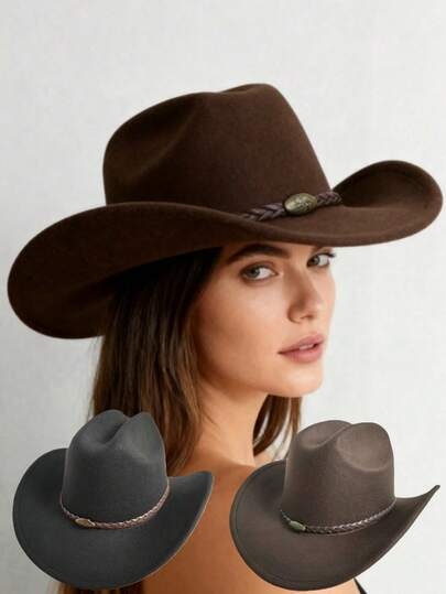 1pc Unisex Western Cowboy Hat, Bull Leather Decor Cowboy Hat, Leather Decor Cowboy Hat, Casual Versatile Fedora Hat, Retro Wool Felt Hat, Women's Stage Hat, Bridal Wedding Hat, Brimmed Fedora, Multi-Color Options, Suitable For Outdoor Travel, Sports, Casual Wear, Western Cowboy Party