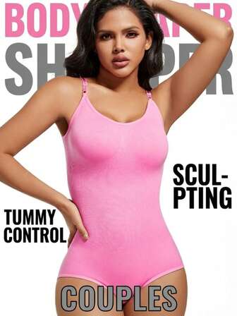 1件装女士无缝无袖V领连体衣，收腹提臀，高弹力