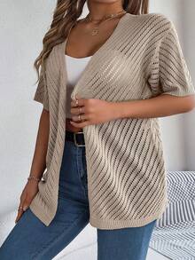 Plus Size Hollow Out Knit Short Sleeve Cardigan, Suitable For Casual Spring/Summer Style - Khaki - View 6