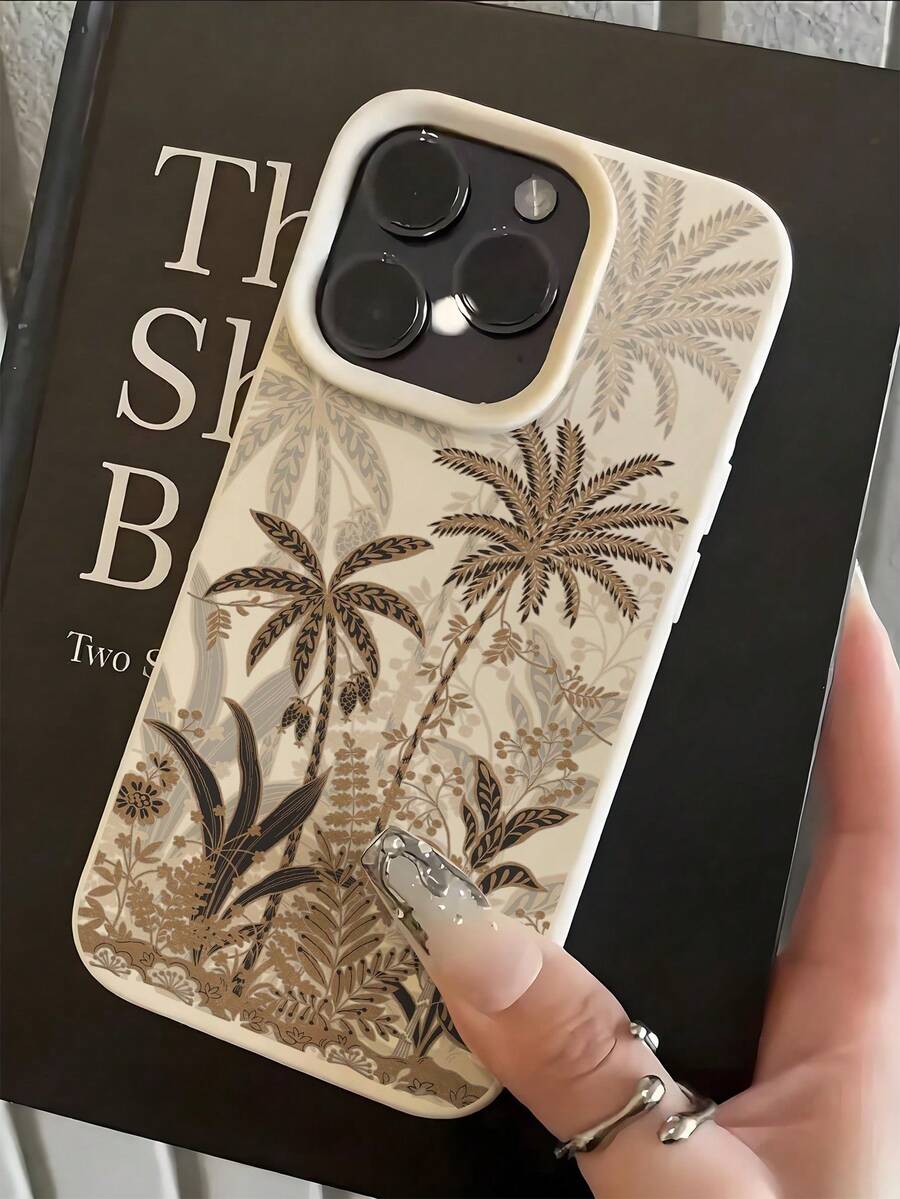Elegant Retro Tropical Plant Phone Case - Soft Faux Leather Base In Beige, Intricate Original Palm And Fern Plant Pattern In Gold Brown And Dark Brown Accents, Vintage Natural Design, Slim Shock-Resistant Protective Case (Boho Daily Accessory), Fits 17, 17 Pro, 17 Pro Max - Multicolor - View 1