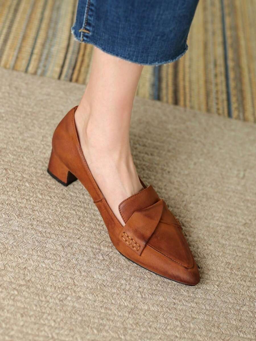 2025 New Square Toe Thin Heel Soft Leather Shoes, Retro French Minimalist Elegant Niche Shoes For Women - Brown - View 1