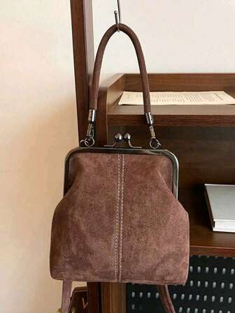 Vintage Faux Leather Crossbody Bag For Women, Retro Style Kiss Lock Mini Handbag With Adjustable Shoulder Strap, Solid Color Lightweight City Tote With Polyester Lining,For Couple