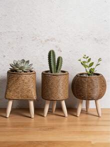 1pc Minimalist Flower Stand, Wooden Floor-Standing Planter Rack For Living Room, Balcony, Rattan Decor, Lightweight Luxury Flower Pot Holder - Multicolor - View 3