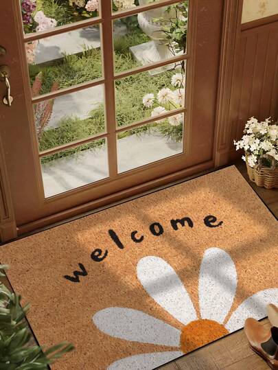 1pc Spring Minimalist White Flower Welcome Pattern Doormat, Farmhouse Style Machine Washable Polyester Fiber Mat, Suitable For Living Room, Kitchen, Bedroom, Entryway, Home Decor, Room Decor, All Season