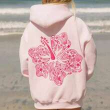 2025Hawaii Hibiscus Letter Print Embroidered Loose Sweatshirt Women's Drop Shoulder Sleeve Ribbed Hoodie Printlong Sleeve Tops,Tops,Hoodies - Màu Xám nhạt - Xem 8