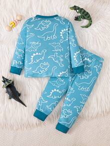 Lurzo Spring/Autumn Baby Pajamas, Multiple Dinosaur Print Crew Neck Long Sleeve Top And Pants Set, Comfortable And Warm Fabric, Suitable For Home, Gathering, Party Wear - Blue - View 5
