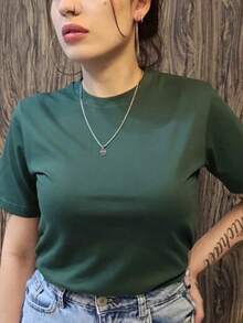 Women's Plain Casual T-Shirt, Basic Unisex Shirt, Comfortable Premium 100% Cotton Fabric, Suitable For All Occasions. - 墨綠色 - 查看 1