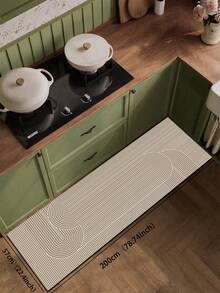 1pc Silica Gel Kitchen Mat With Abstract Geometric Pattern In White Lines, Including Arcs And Circles, Presenting A Minimalist Japanese Wabi-Sabi Style, Luxury Fashion Kitchen Mat With Cushion And Anti-Fatigue, Surface Fabric Material, Middle Sponge Absorbent Material, Bottom Rubber Material Non-Slip And Easy To Clean Kitchen Rug