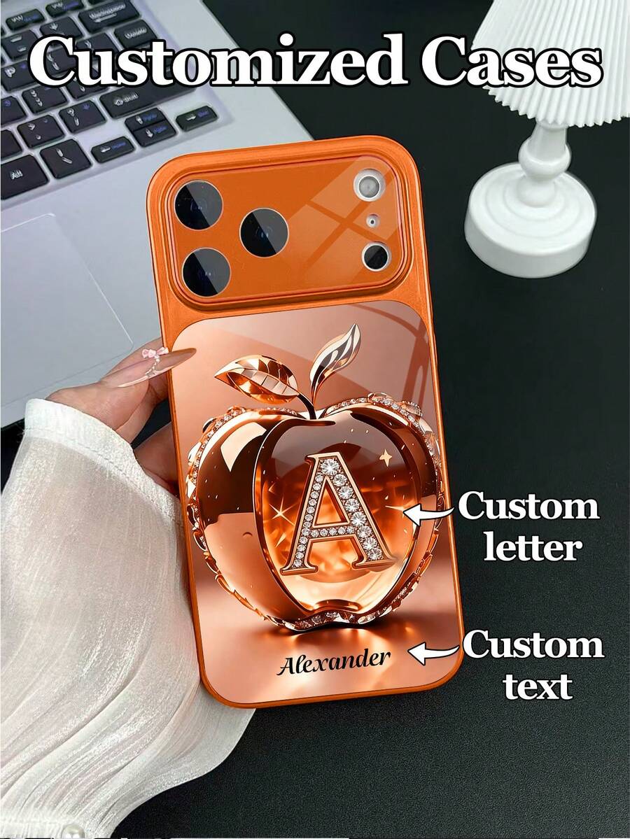 1pc Customizable Text & Letter Rhinestone Apple Design Tempered Glass Phone Case, Compatible With IPhone 17 ProMax/17 Air/15/16 Pro/14 Plus/13 Pro/12 Pro Max/11, Tempered Glass Camera & Back Cover Protection, Large Window Phone Protective Case, Best Gift For Friends And Family - Orange - View 1