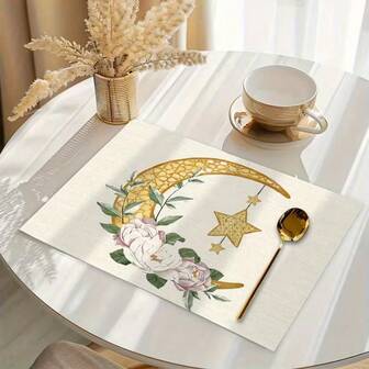 4-Piece Ramadan Themed Dining Table Mat, Designed With Crescent And Star Patterns, Adorned With Floral Accents. Suitable For Gathering, Dining, And Holiday Decoration. The Size Is 30x45 Centimeters, Suitable For Home Decoration, Holiday Table Decoration, Rural Holiday Decoration, Rural Style, Washable Mats, Durable Materials, Holiday Table Decoration, And Home Entertainment.