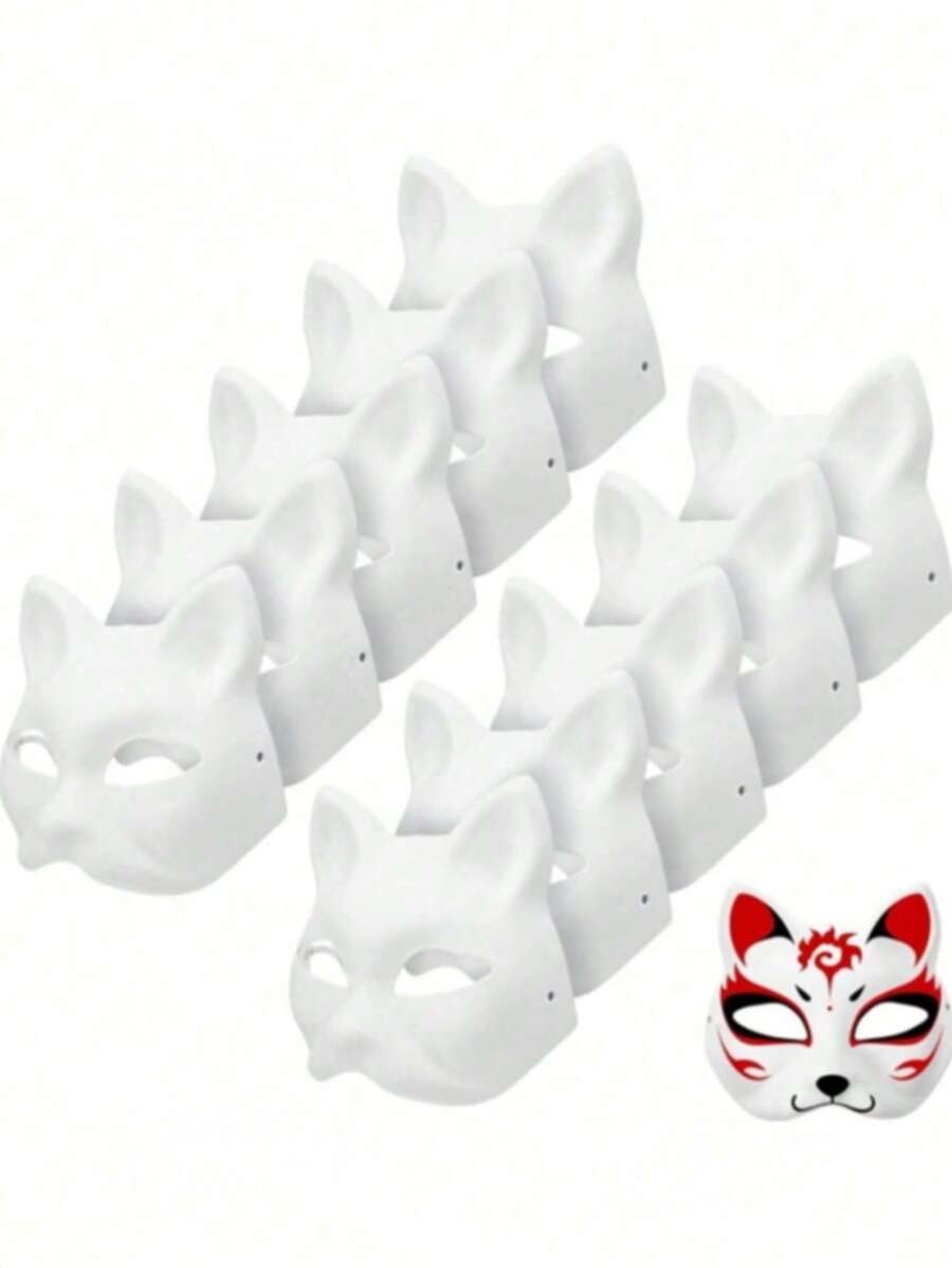 1/6/10/20个装兽人面具，白猫狐狸面具，空白DIY面具，动物半脸面具，化装舞会角色扮演 - 白色 - 查看 1
