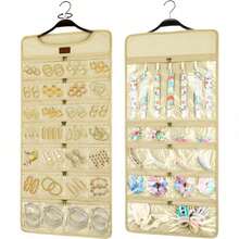 Hanging Jewelry Organizer With Dual Zippered Pockets Canvas Double Sided Rotating Hanger Necklace Hanging Wall Organizer Earring Dustproof Holder Wall Mount Accessories Display Bag(Purple)-Trugenix - 米色 - 查看 7