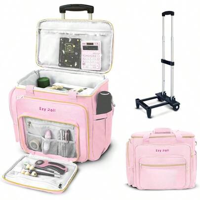 Rolling Craft Bag Large Tote With Detachable Wheels Rolling Teacher Bag Water Resistance Craft Storage Organizer Sewing Hine Case With Wheels - Pink