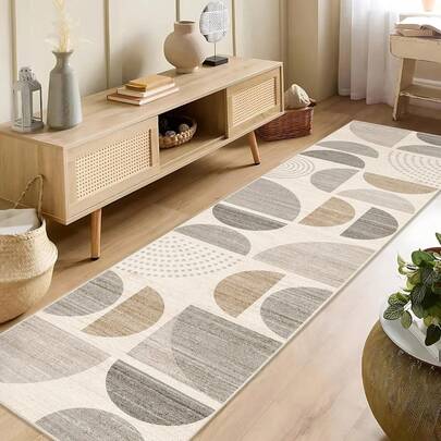 1 件米色、浅灰色、棕色几何对称图案地毯，低饱和度大地色系，柔和精致的配色方案，适合简约自然风格的空间，几何简约门垫，柔化并提亮简约厨房氛围，厨房过道装饰，简约厨房地垫