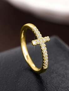 1 chiếc nhẫn hình thánh giá đính đá Cubic Zirconia thanh lịch, kiểu dáng nữ, thích hợp cho đám cưới, lễ đính hôn, kỷ niệm, tiệc tùng, cũng như làm quà tặng ngày Valentine. - Vàng - Xem 4