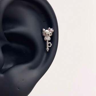 Sanrio עגיל הלו קיטי אחד, חפת אוזניים חתולית משובצת ריינסטון מצוירת וחמודה, אביזר עגיל רב-תכליתי ואופנתי