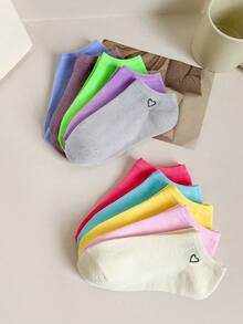 1/5/10双装四季随机糖果色多巴胺图案爱心平底短袜，适合女生校园日常日系甜美可爱运动装，柔软亲肤，舒适透气，防臭，男女情侣短袜 - 彩色 - 查看 4