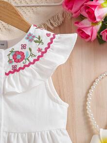 Young Girl Embroidered Ruffle Trim Button Design Dress - White - View 4