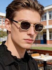 Jednoczęściowe męskie okulary lotnicze w złotej oprawce z podwójnym mostkiem, wykonane z metalu, akcesoria Y2K, podróżne, festiwalowe, sezonowe, modne okulary, okulary przeciwsłoneczne, męskie okulary modowe, odpowiednie na imprezy, lato, powrót do szkoły, imprezy na plaży, odzież uliczną, selfie, święta.