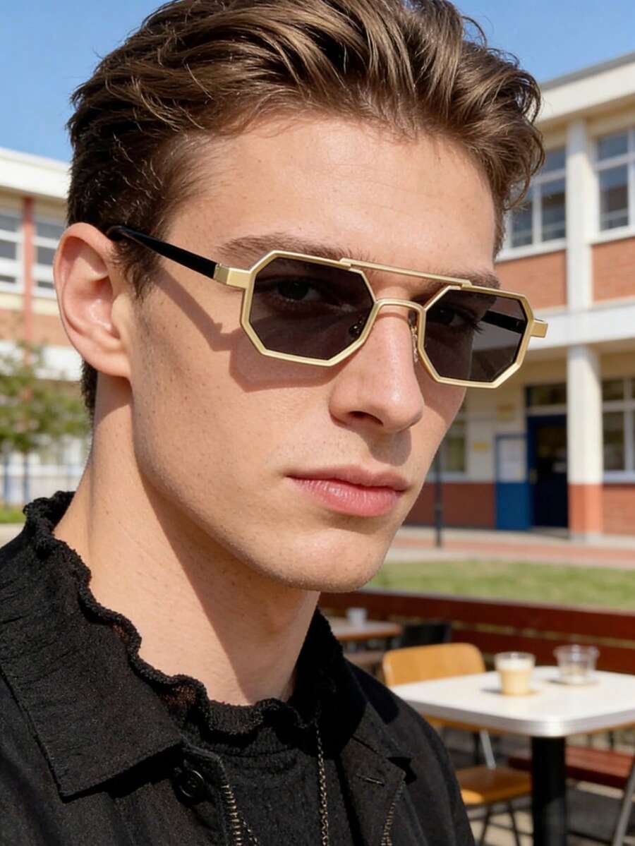 Jednoczęściowe męskie okulary lotnicze w złotej oprawce z podwójnym mostkiem, wykonane z metalu, akcesoria Y2K, podróżne, festiwalowe, sezonowe, modne okulary, okulary przeciwsłoneczne, męskie okulary modowe, odpowiednie na imprezy, lato, powrót do szkoły, imprezy na plaży, odzież uliczną, selfie, święta.