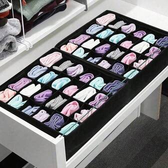 1pc Underwear & Socks Drawer Organizer Box, 24 Compartments Fabric Drawer Storage Box, Suitable For Dresses, Socks And Underwear Storage, Black Canvas, Saves Wardrobe Space, Bedroom Accessory, Storage, Decor, Holiday Decor
