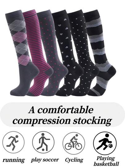 1/3/6 Pairs Women Compression Socks, Cute Pattern Breathable Knee-High Socks, Suitable For Running, Fitness, Skipping And Other Sports