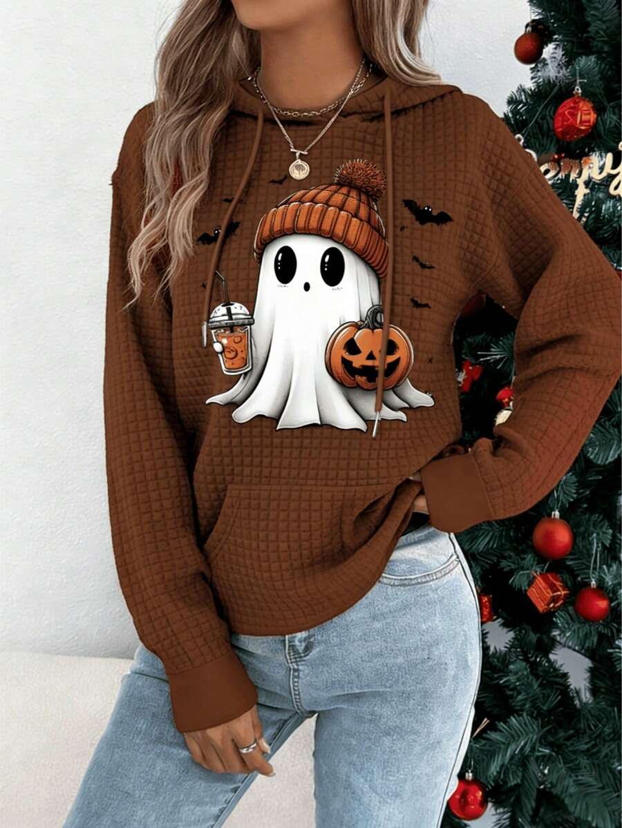 [Graphic Print Hoodie] Women's Cute Halloween & Pumpkin Graphic Print Hoodie - Cozy Fleece-Lined Hooded Sweatshirt With Drawstring, Machine Washable Fall Winter Casual Pullover, Halloween Clothes, Festive Apparel, Fleece Lined Comfort, Holiday Outfit, Playful Design, Durable Construction, Holiday Shoppers      Rich Navy Halloween Themed Oversized Graphic Hoodie   Long Sleeve Tops Women   Cute Tops - Màu nâu - Xem 1