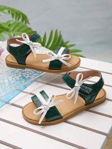 小女孩深绿色蝴蝶结舒适平底凉鞋露趾夏季鞋 - 綠色 - 查看 18