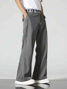 Men's Fashion Plaid Waistband Loose Flare Pants, Grey