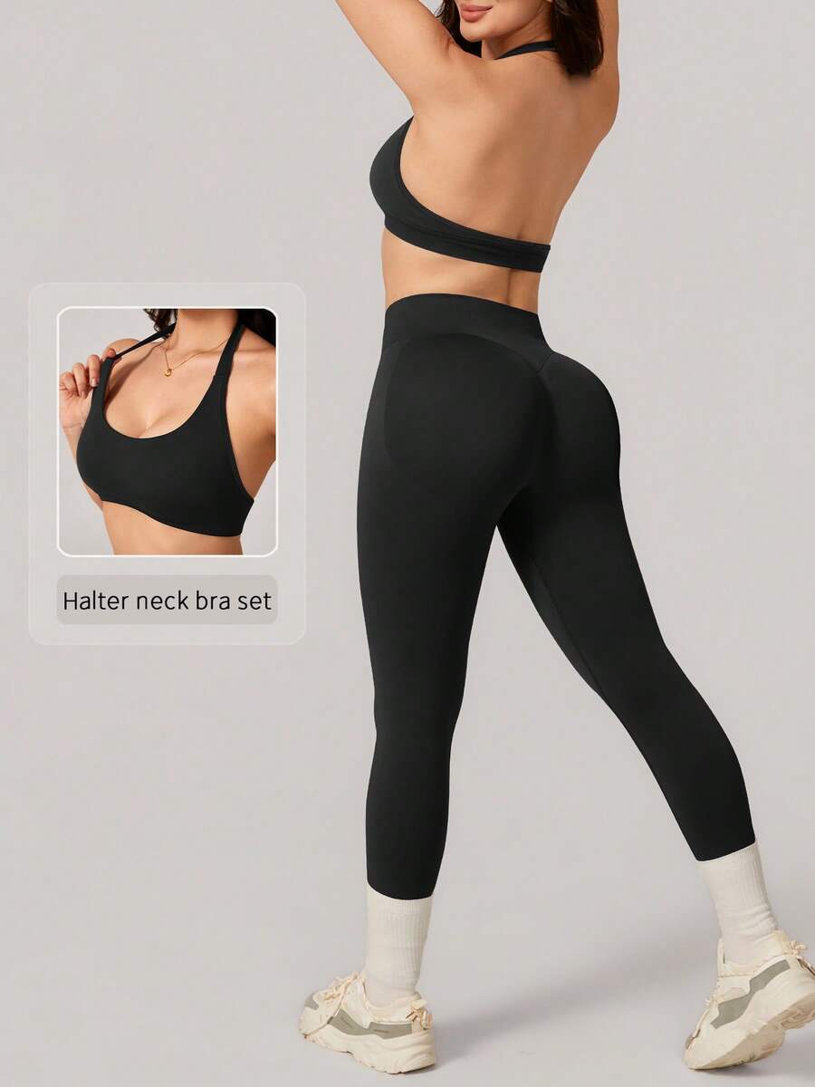 NcmRyu 1 Set Sujetador deportivo elástico de unicolor y pantalones ajustados suaves para mujer, conjunto de entrenamiento negro de verano - Negro - Ver 1