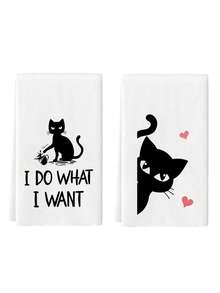 2Pcs Polyester Funny Cat Kitchen Towels, Decorative Dish Towels For Cat Lover, Housewarming Gifts, Wedding Shower Gift, Fun Hostess Kitchen Decor - White - View 7