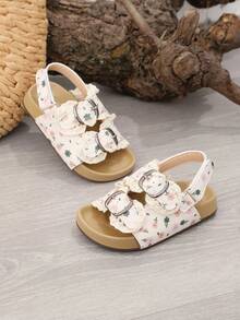 1 Pair Girls' Ditsy Floral Open Toe Beach Sandals, Princess Shoes, Summer - Beige - View 6