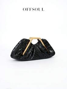 Vintage Asymmetrical Ruffle Cloud Clutch Bag, Unique Metal Hardware Handbag, High-End Retro Party Evening Bag - 黑色 - 查看 4