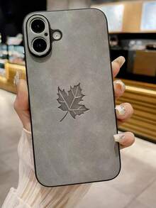 Luxury Maple Leaf Genuine Leather Anti-Drop Phone Case Compatible With Apple, - Grey - View 2