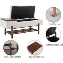Modern Storage Bench For Bedroom End Of Bed Sherpa Upholstered Ottoman Bench With Storage And Wood Shoe Rack Farmhouse Long Seating Bench For Entryway/Hallway/Closet Beige - 羊羔絨米色 - 查看 4
