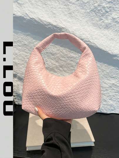 Bolso de mujer de forma de media luna con textura tejida, bolso de hombro cruzado casual grande de unicolor con relieve de textura tejida, bolso tote versátil para el trabajo, bolso baguette