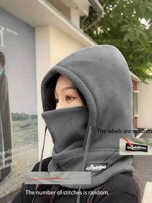 1 件男女通用帽子，带耳罩 - 纯色，颈部和面部保护，高克重羊毛衬里套头帽，适合户外骑行，休闲风格，抽绳闭合，秋冬假日主题保暖头饰