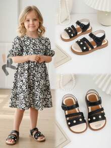 1 Pair Black Soft Leather Toddler/Little Girls' Flat Sandals With Pearl Woven Strap, Hook And Loop Design, Round Toe, Non-Slip Soft Sole, Casual Style, Suitable For 3-15 Years Old Girls, Spring/Summer - Black - View 2