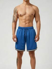 Men's Mesh Fitness Shorts With Elastic Waistband And Adjustable Drawstring - Blue - View 4