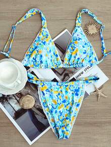 New Arrival Women's Casual Cute Ditsy Floral Tie-Front Bikini Swimsuit 2-Piece Set - Multicolor - View 6