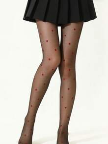 1 Pair Red Heart Pattern Black Stockings, Leg-Hugging Design To Make Legs Look Slimmer, Suitable For Dates And Outings - Black - View 14